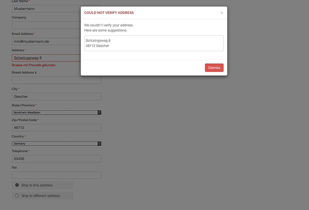 Magento-1-Checkout-Adressprüfung Screenshot