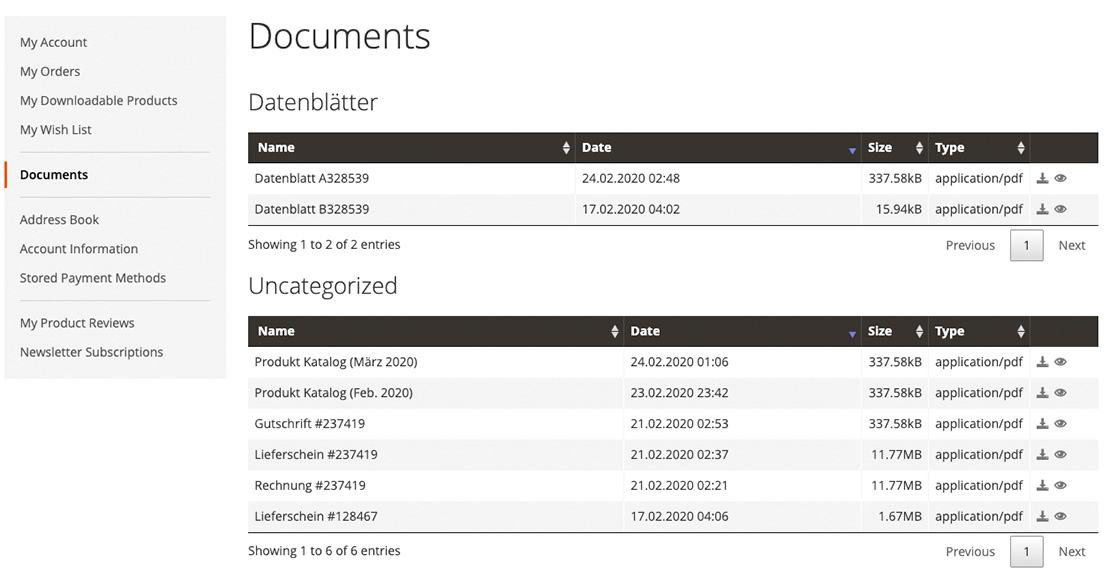 Customer Documents – Kunden Dokumente für Magento 2, Self-Service-Portal Screenshot