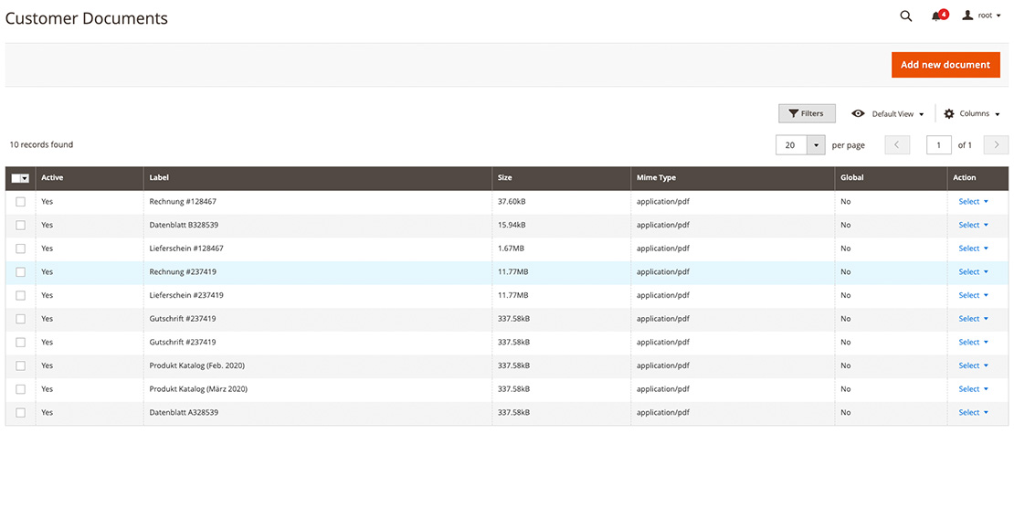 Customer Documents – Kunden Dokumente für Magento 2, Self-Service-Portal Screenshot