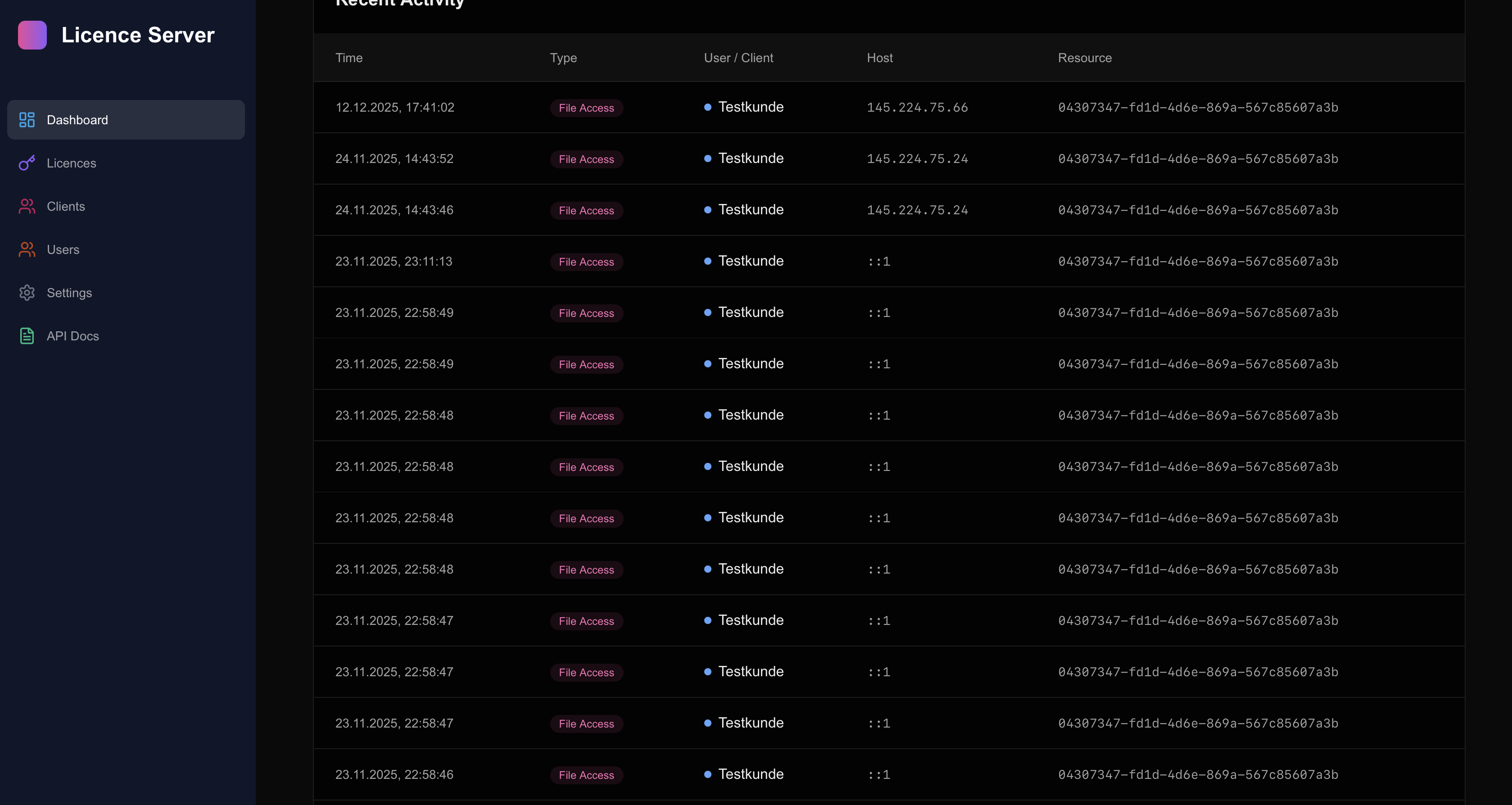 Multi-User Lizenz-Server Admin mit REST-API und Fileservice Screenshot