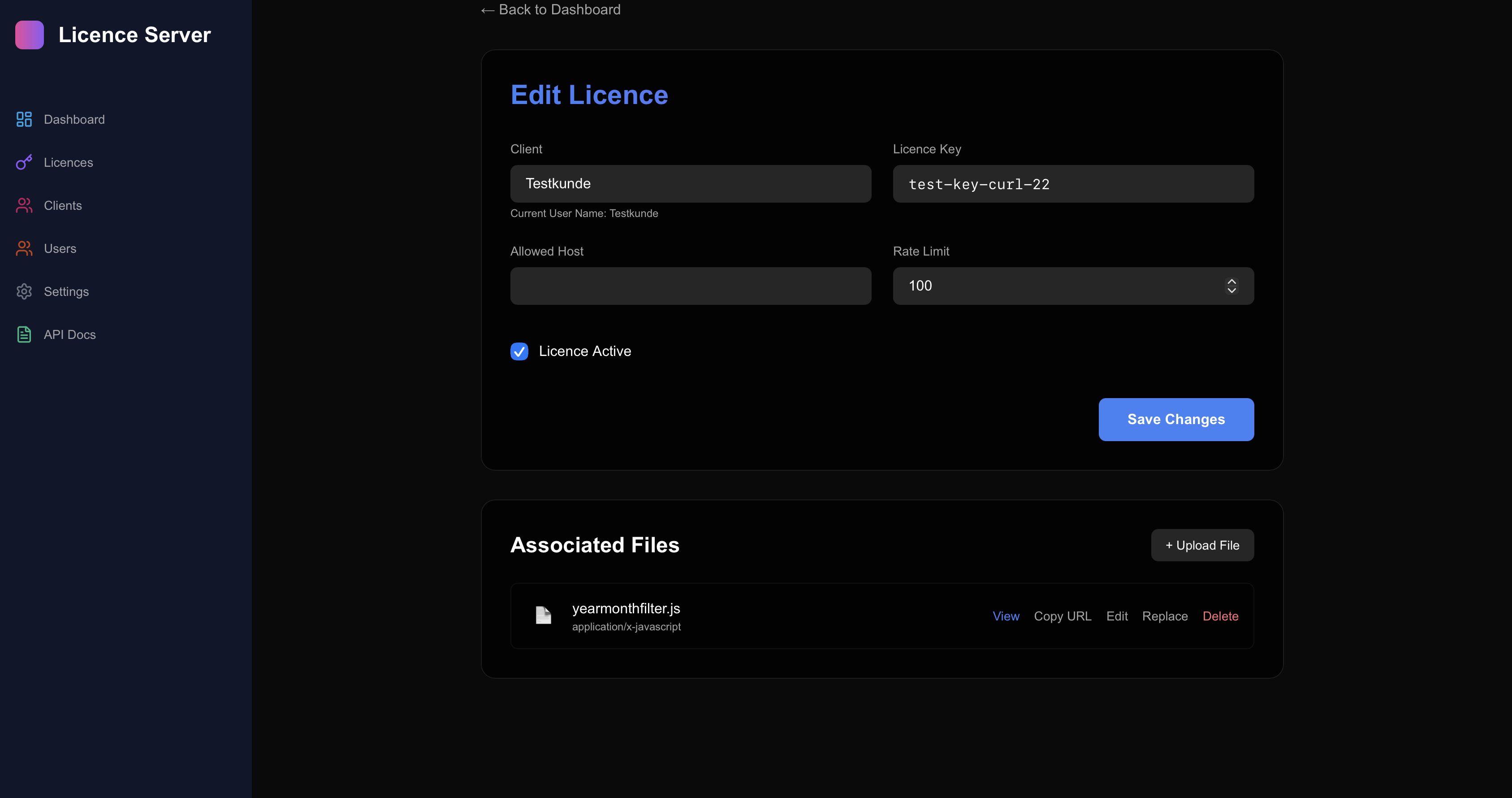 Multi-User Lizenz-Server Admin mit REST-API und Fileservice Screenshot