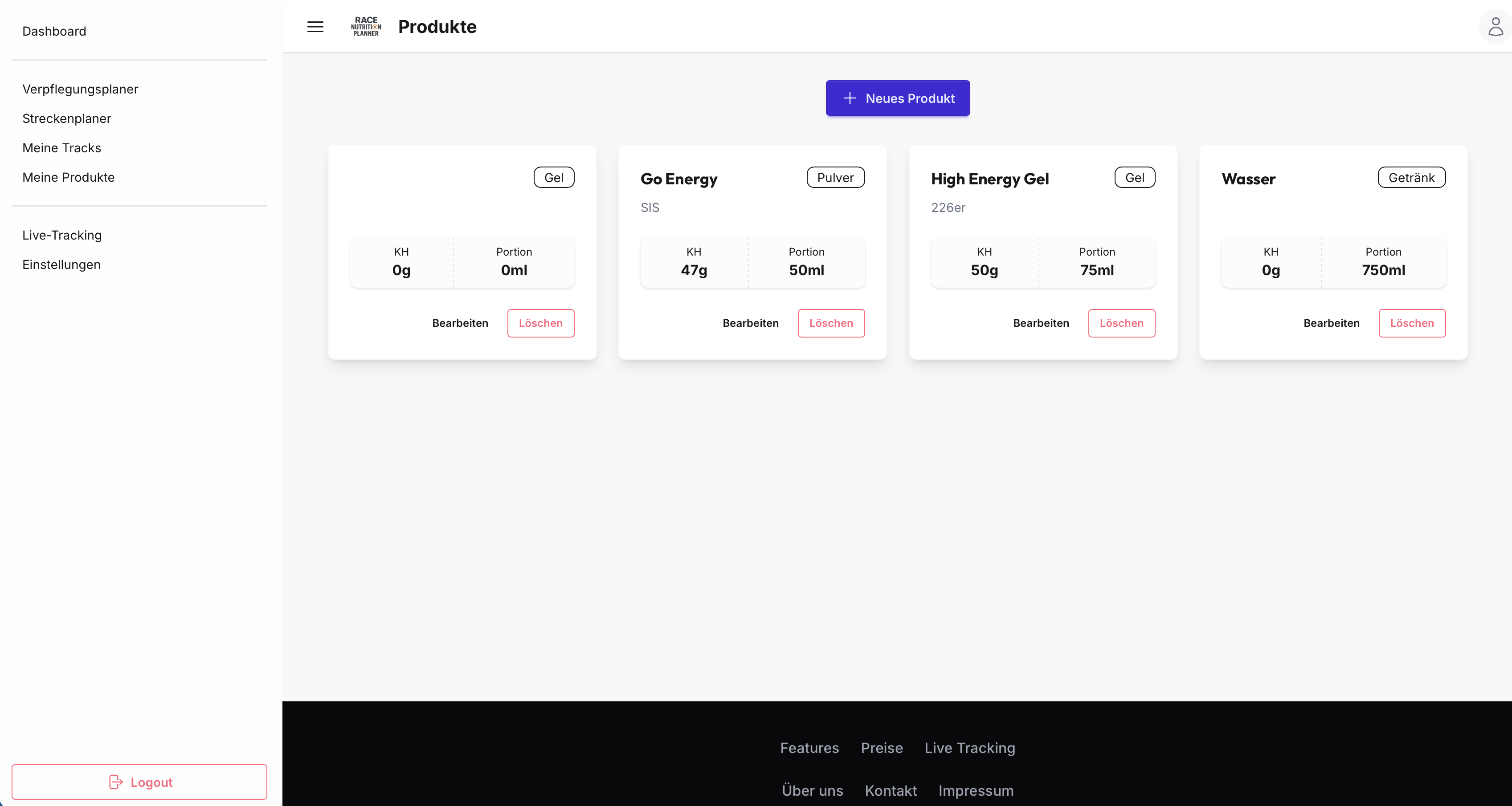 Race Nutrition Planner - Verpflegungsplaner, Streckenplaner, Livetracking und mehr für Radsport, Laufsport, Rennsport Screenshot