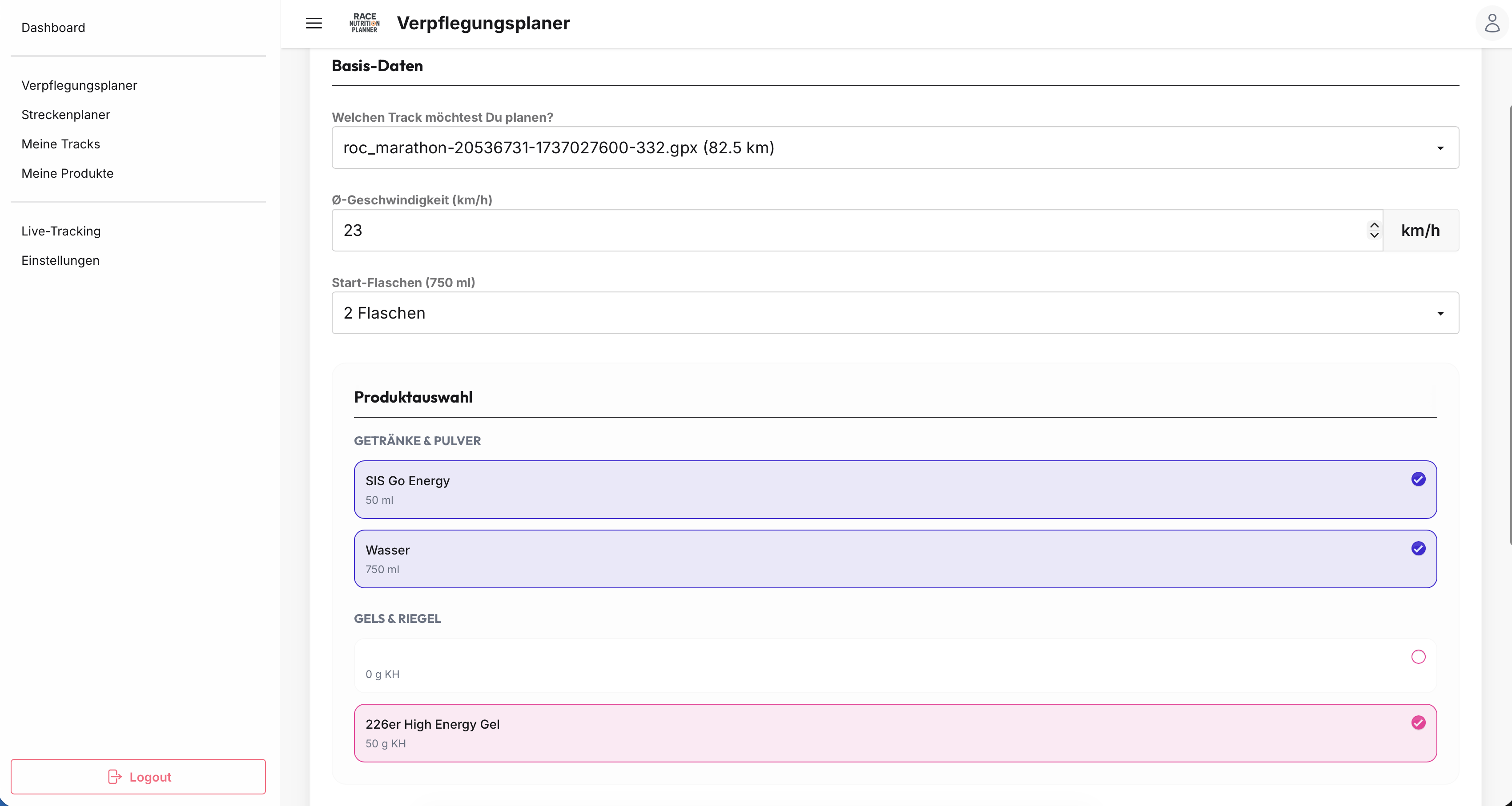 Race Nutrition Planner - Verpflegungsplaner, Streckenplaner, Livetracking und mehr für Radsport, Laufsport, Rennsport Screenshot
